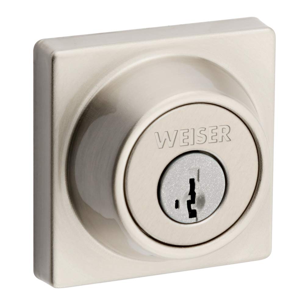 Weiser Elements Satin Nickel Square Deadbolt Lock, ANSI/BHMA Grade 3 Certified Front Door Lock, Kick Proof, Bump Proof & Anti-theft Exterior Door Lock with Key, Traditional Door Locks for Entry Door Weiser