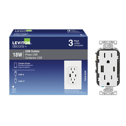 Leviton Tamper-Resistant Outlet, 3-Pack USB Type A/Type-C Wall Outlet Charger, 15 Amp, T5638-B3W, White