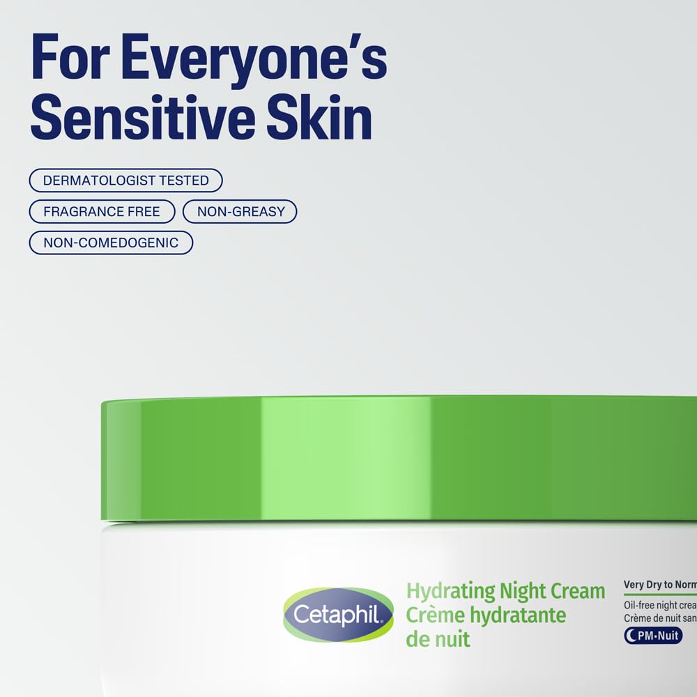 Cetaphil Hydrating Night Cream, Anti-Aging Face Moisturizer with Hyaluronic Acid & Olive Oil, Pro-Vitamin A, C & E, 24Hr Intense Hydration, Dermatologist Tested, 48g
