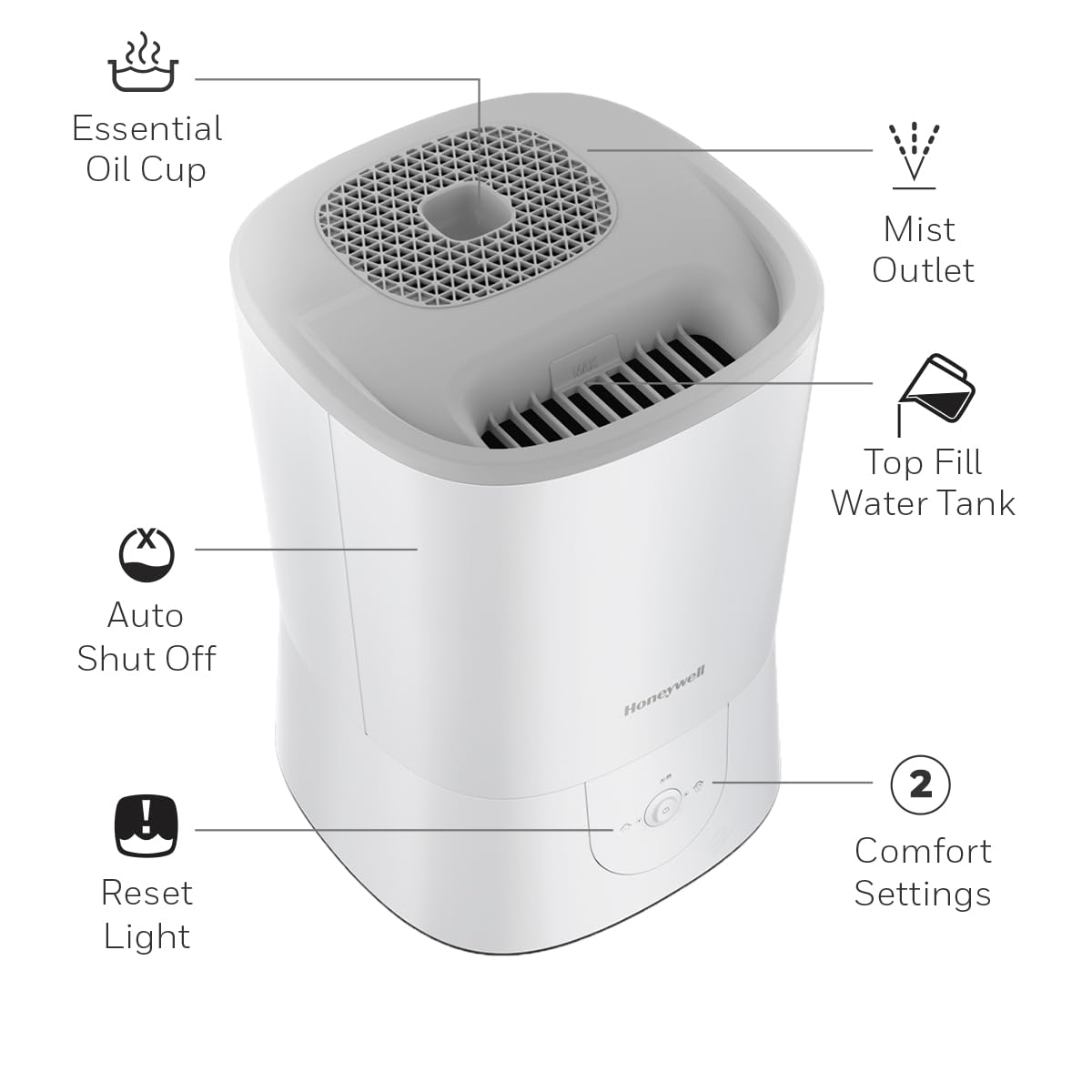 Honeywell HWM440WC Top Fill Easy to Care Warm Mist Humidifier, White, with Essential Oil Cup, Auto Shut-off, Warm Visible Mist, Large Room