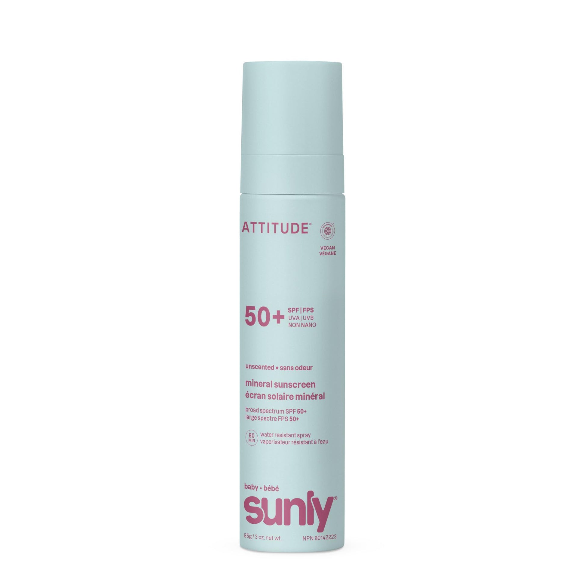 ATTITUDE Baby Mineral Sunscreen Lightweight Lotion SPF 50, Broad Spectrum Zinc Oxide, EWG Verified, Non-Nano, Water-Resistant 80 Minutes, Non-Greasy for Face & Body, Vegan, Unscented, 80 grams - Available at All In One Marketplace Canada
