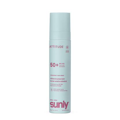 ATTITUDE Baby Mineral Sunscreen Lightweight Lotion SPF 50, Broad Spectrum Zinc Oxide, EWG Verified, Non-Nano, Water-Resistant 80 Minutes, Non-Greasy for Face & Body, Vegan, Unscented, 80 grams - Available at All In One Marketplace Canada
