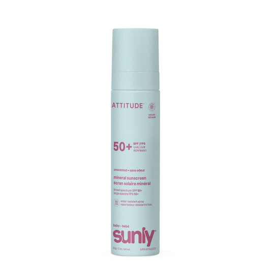 ATTITUDE Baby Mineral Sunscreen Lightweight Lotion SPF 50, Broad Spectrum Zinc Oxide, EWG Verified, Non-Nano, Water-Resistant 80 Minutes, Non-Greasy for Face & Body, Vegan, Unscented, 80 grams - Available at All In One Marketplace Canada