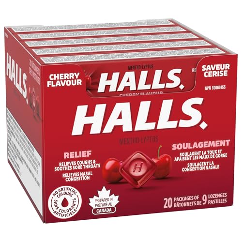 HALLS Cherry Cough Drops – 20 Packs of 9 Lozenges for Sore Throat & Cough Relief