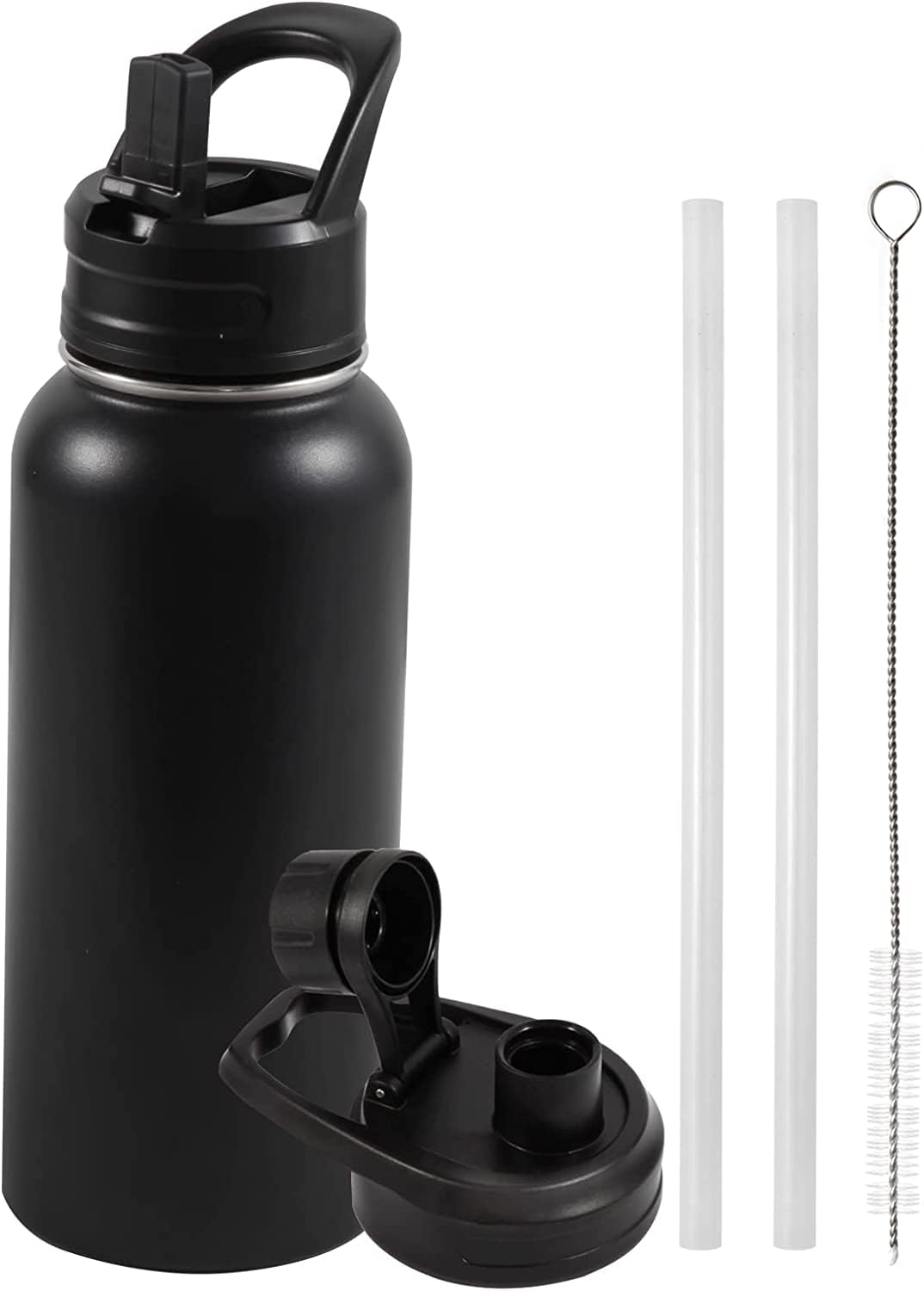 Insulated Water Bottle, 32oz Vacuum Stainless Steel Metal Sports Water Bottles with Stickers, Straw & Spout Lid (2 Lids), Double Walled to Keeps Hot and Cold, Leak Proof, BPA-Free, 32oz (Black) - Available at All In One Marketplace Canada