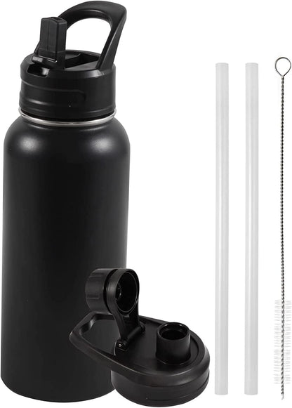 Insulated Water Bottle, 32oz Vacuum Stainless Steel Metal Sports Water Bottles with Stickers, Straw & Spout Lid (2 Lids), Double Walled to Keeps Hot and Cold, Leak Proof, BPA-Free, 32oz (Black) - Available at All In One Marketplace Canada