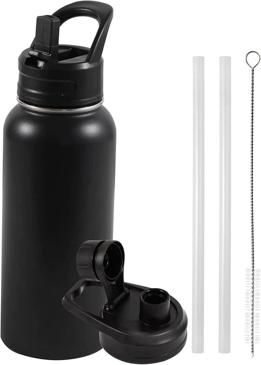 Insulated Water Bottle, 32oz Vacuum Stainless Steel Metal Sports Water Bottles with Stickers, Straw & Spout Lid (2 Lids), Double Walled to Keeps Hot and Cold, Leak Proof, BPA-Free, 32oz (Black) - Available at All In One Marketplace Canada