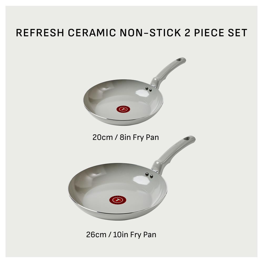 T-FAL Refresh Ceramic Nonstick Fry Pan Set, 2 Pieces, 8 Inch (20 cm) & 10 Inch (26 cm), Eco-Friendly, Durable for Healthy Cooking, Moon Grey T-Fal