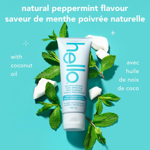 Hello Goodbye Plaque Whitening Toothpaste, Fluoride Free, Vegan & SLS Free, Natural Peppermint with Tea Tree & Coconut Oil, 98ml, Pack of 3, Amazon Exclusive 🍁 All In One Marketplace Canada