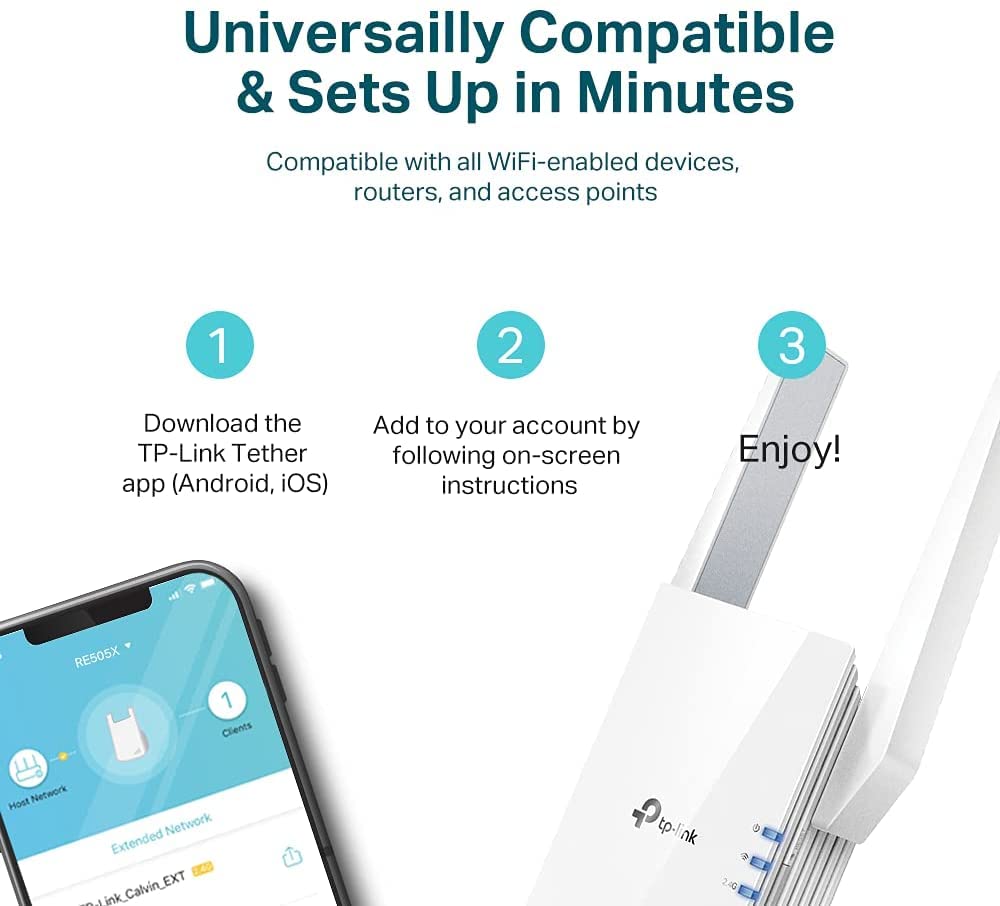 TP-Link AX1500 WiFi Extender Internet Booster (RE505X) - WiFi 6 Range Extender Covers up to 1,500 Sq.ft and 25 Devices, Dual Band, Up to 1.5Gbps Speed, AP Mode w/Gigabit Port, APP Setup TP-Link