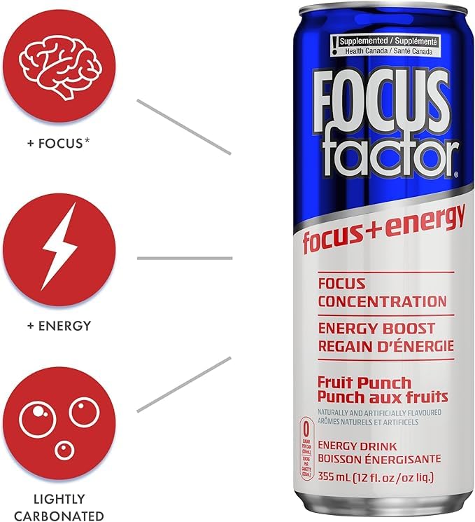Focus Factor Energy Drink - Fruit Punch - 12 Pack (355ml Cans) | Sugar-Free, B-Vitamin Enhanced
