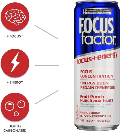Focus Factor Energy Drink - Fruit Punch - 12 Pack (355ml Cans) | Sugar-Free, B-Vitamin Enhanced
