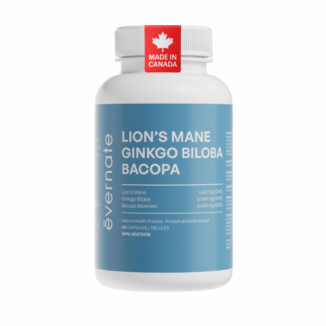ALL-IN-ONE Lion's Mane 1,600 mg with Ginkgo Biloba 5,500 mg & Bacopa Monnieri 3,600 mg (Per Serving: 2 Capsules) – 3-in-1 Memory, Focus & Cognitive Support – 60 Vegan Capsules – Made in Canada - Available at All In One Marketplace Canada
