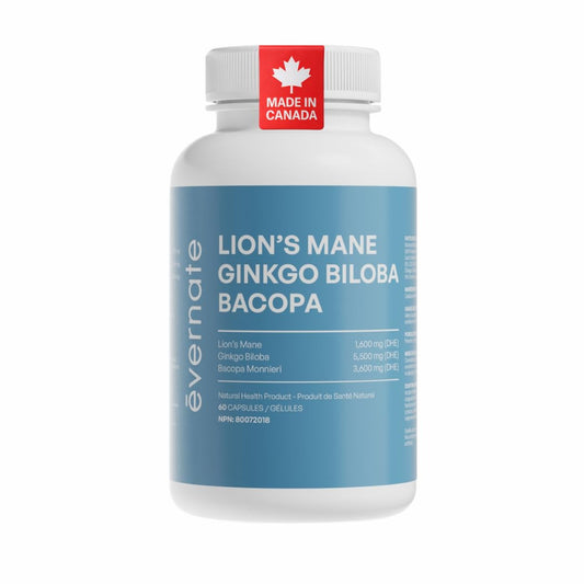 ALL-IN-ONE Lion's Mane 1,600 mg with Ginkgo Biloba 5,500 mg & Bacopa Monnieri 3,600 mg (Per Serving: 2 Capsules) – 3-in-1 Memory, Focus & Cognitive Support – 60 Vegan Capsules – Made in Canada - Available at All In One Marketplace Canada