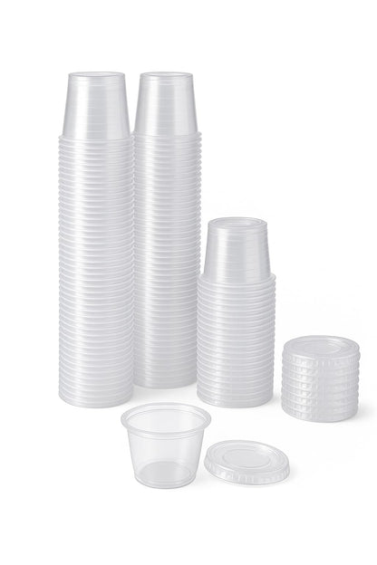 1 oz Portion Cups with Lids, 200 Sets Disposable Souffle Cups, Leak-Proof Jello Shot Cups, Clear Condiment Containers for Sauce, Dressing & Food Storage, Freezer Safe
