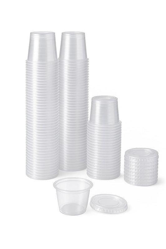 1 oz Portion Cups with Lids, 200 Sets Disposable Souffle Cups, Leak-Proof Jello Shot Cups, Clear Condiment Containers for Sauce, Dressing & Food Storage, Freezer Safe