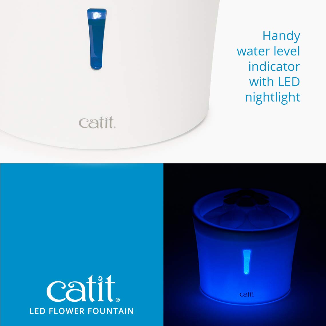 Catit LED Flower, Cat Water Fountain with Triple Action Filter, Blue 3L, Modern Cat Fountain, Fontaine Pour Chat, Pet Water Fountains, Perfect for Indoor Cats Catit