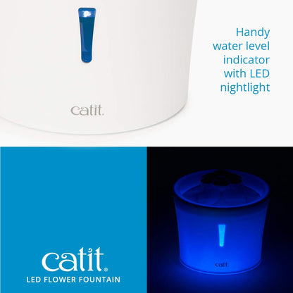 Catit LED Flower, Cat Water Fountain with Triple Action Filter, Blue 3L, Modern Cat Fountain, Fontaine Pour Chat, Pet Water Fountains, Perfect for Indoor Cats Catit