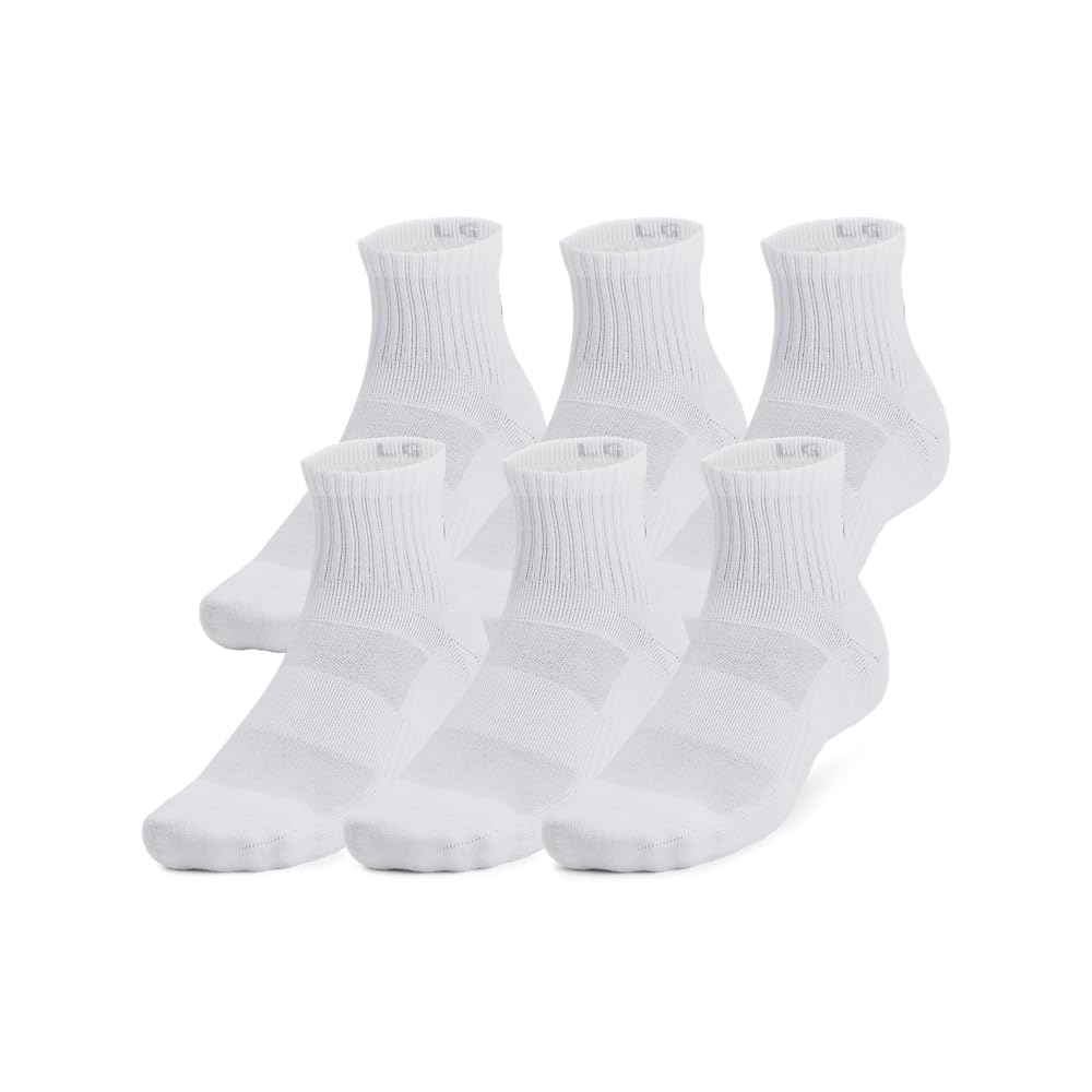 Under Armour Unisex-Adult Training Cotton Quarter Socks 6 Pack , (100) White / White / Black , Large Under Armour