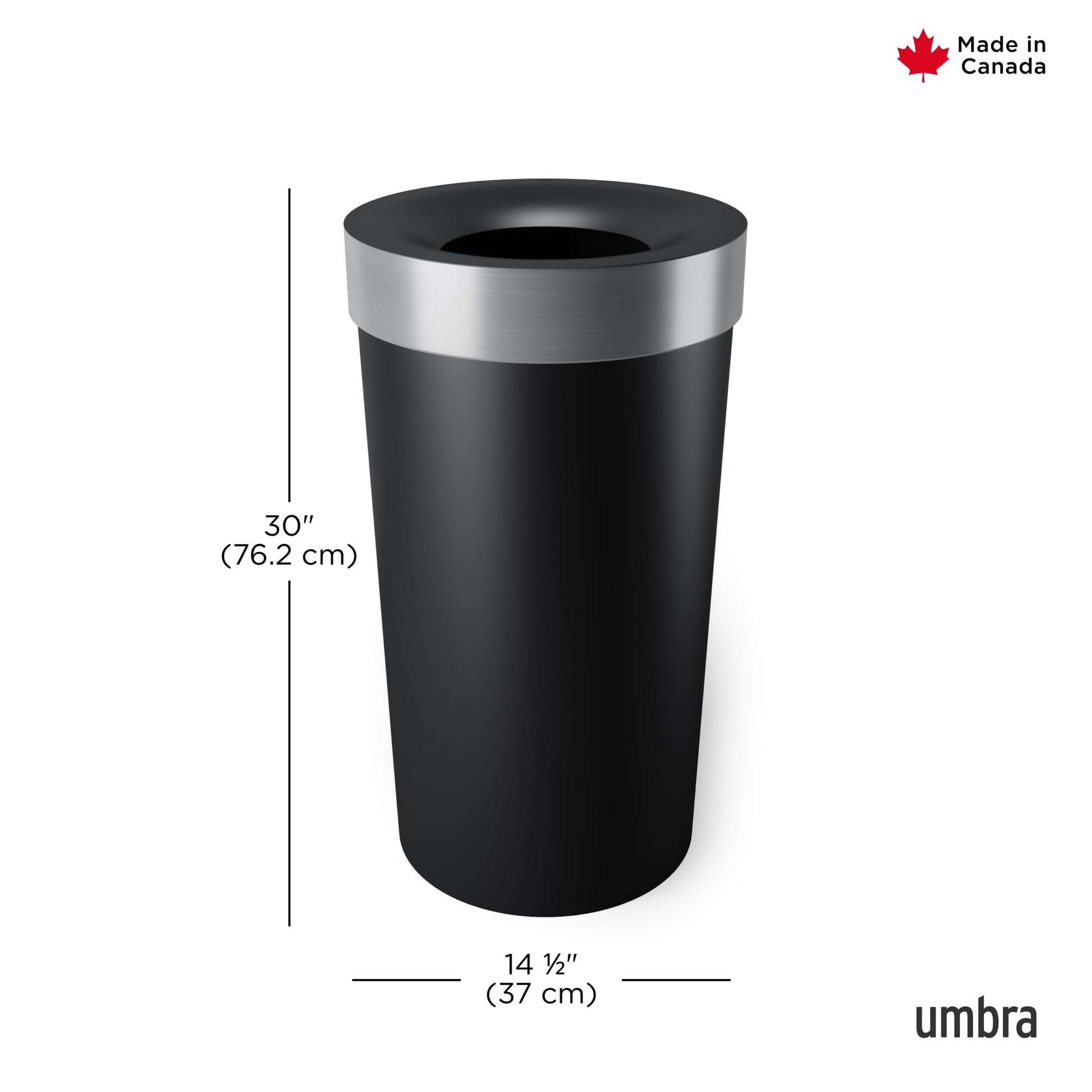 Umbra Vento Kitchen Trash Can – Large 16 Gal (62 L) Open Top Garbage Can for Home & Office – Modern Clean Design, Black/Nickel Umbra