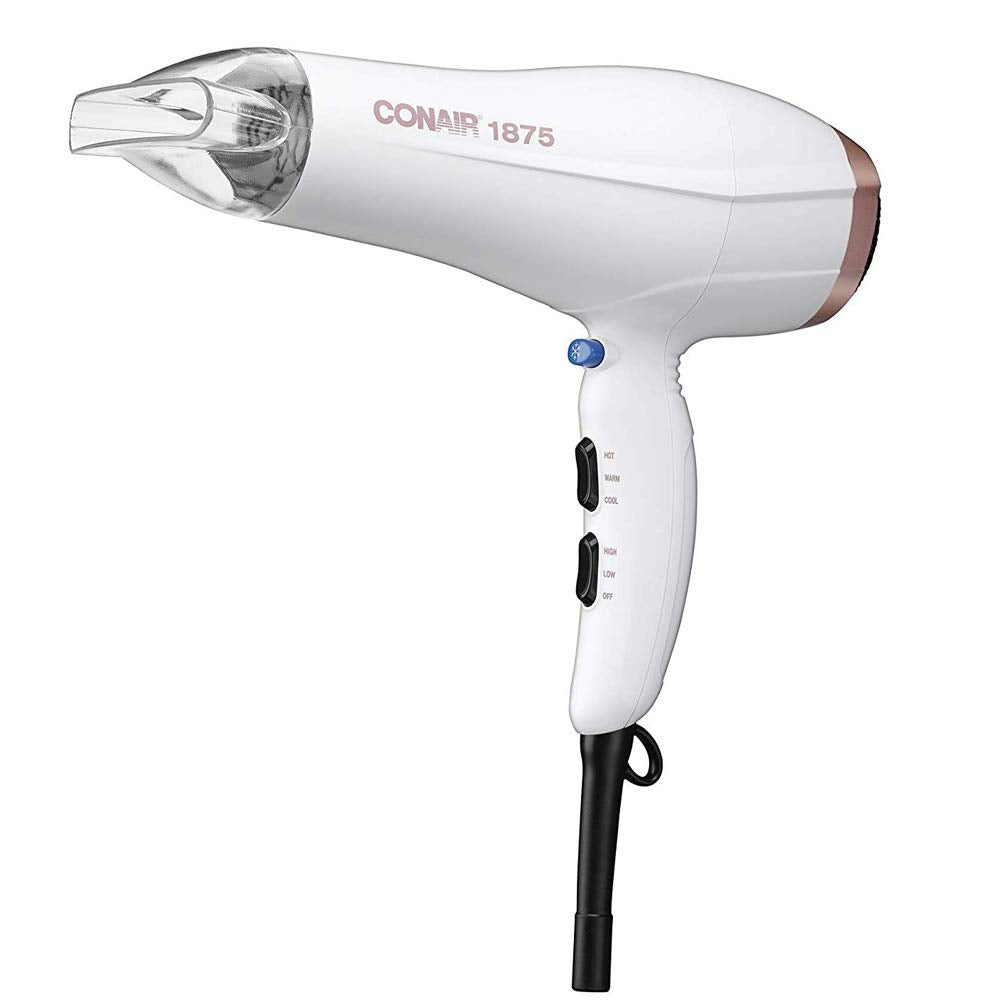 Conair Double Ceramic 1875W Hair Dryer, 3 Heat/ 2 Speed Blow Dryer, Powerful and Fast Drying, Includes Concentrator, Cool Shot Button, Removable Filter, White, Travel hair dryer Conair