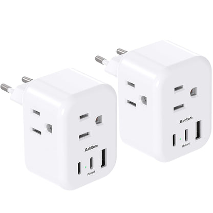 [2 Pack] European Travel Plug Adapter, International Power Plug Adapter with 3 Outlets 3 USB Charging Ports(2 USB C), Travel Essentials to Italy,Greece,Israel,France, Spain (Type C)