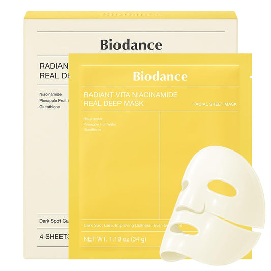 BIODANCE Radiant Vita Niacinamide Real Deep Mask, Hydrogel Mask, Tone Correction, Texture Refining, Radiant Glow, 3-in-1 Visible Care, Korean Skincare, 1.19oz(34g) x 4ea