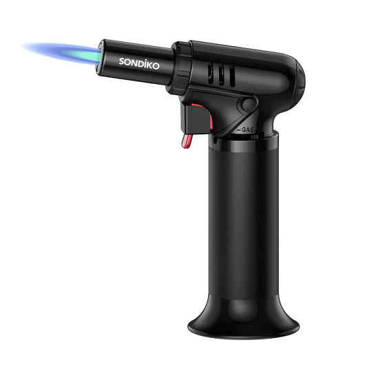 Sondiko Blow Torch with Fuel Gauge, Refillable Butane Torch Lighter with Safety Lock and Adjustable Flame, One-Handed Operation, Fit All Butane Tanks Kitchen Torch