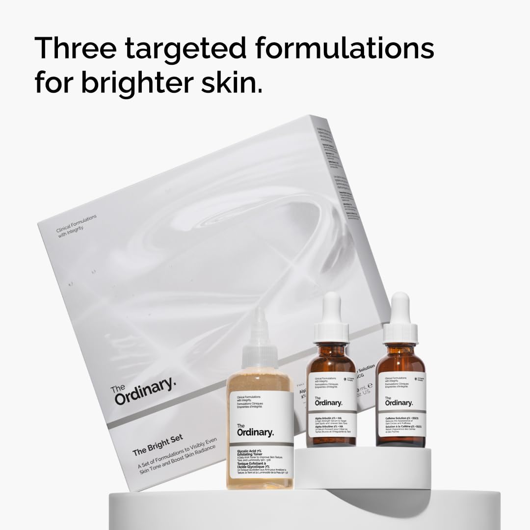 The Ordinary The Bright Set, 3-Step Regimen for Radiant, Even Skin Tone with Glycolic Acid 7% Exfoliating Toner, Alpha Arbutin 2% + HA, and Caffeine Solution 5% + EGCG Eye Serum | Skin Care Set - Available at All In One Marketplace Canada