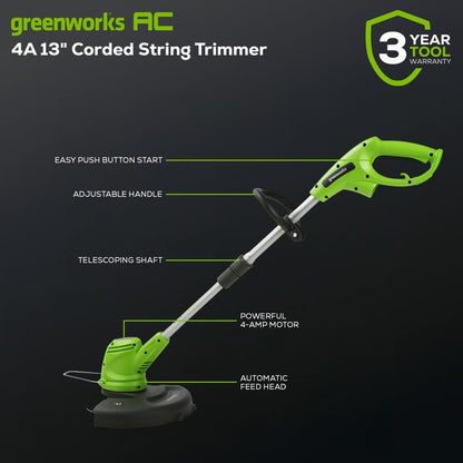 Greenworks 4 Amp 13" Corded Electric String Trimmer –Auto Dual Line Feed, Adjustable Handle & Lightweight for Home Yard, Lawn Edges, Driveway, Sidewalk, Fence Lines & Garden Borders Maintenance