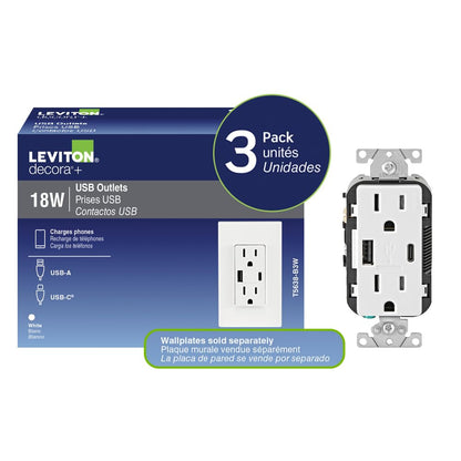 Leviton Tamper-Resistant Outlet, 3-Pack USB Type A/Type-C Wall Outlet Charger, 15 Amp, T5638-B3W, White