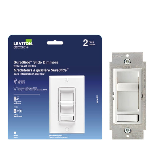 Leviton 2-Pack SureSlide Dimmer Switch for Dimmable LED, Halogen and Incandescent Bulbs, 6674-2PK, White - Available at All In One Marketplace Canada