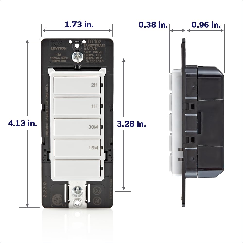 Leviton Countdown Timer Switch for Household Lights and Exhaust Fans, 15-30 min, 1-2 Hour, No Neutral Wire Required, Single Pole, 15A, 1/2HP/9.8A Fan/Motor, DT102-1LW, White 🍁 All In One Marketplace Canada