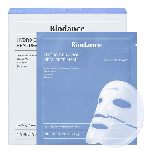 BIODANCE Hydro Cera-nol Real Deep Mask, Hydrogel Mask, Soothing, Moisturising, Nutritious, Korean Skin Care, 34 g x 4 PiecesBIODANCE Hydro Cera-nol Real Deep Mask, Hydrogel Mask, Soothing, Moisturising, Nutritious, Korean Skin Care, 34 g x 4ea