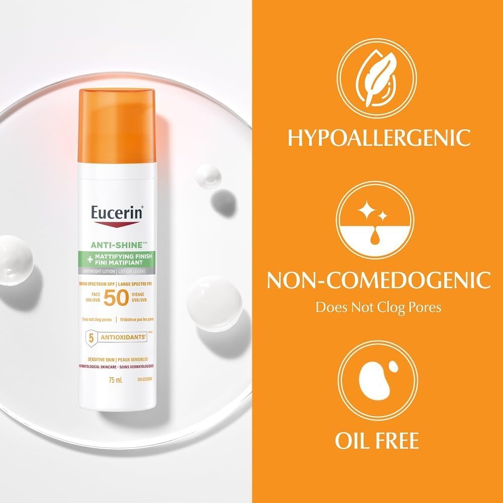Eucerin Sun Anti-Shine Control Face Sunscreen SPF 50, Daily Face Sunscreen SPF 50 with 5 Antioxidants, Mattifying Body SPF 50 Lotion with UVA-UVB Sun Protection, Ideal for oily and acne prone skin, Fragrance Free & Non Greasy, 75 ml Pump - Available at All In One Marketplace Canada