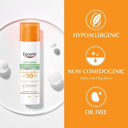 Eucerin Sun Anti-Shine Control Face Sunscreen SPF 50, Daily Face Sunscreen SPF 50 with 5 Antioxidants, Mattifying Body SPF 50 Lotion with UVA-UVB Sun Protection, Ideal for oily and acne prone skin, Fragrance Free & Non Greasy, 75 ml Pump - Available at All In One Marketplace Canada