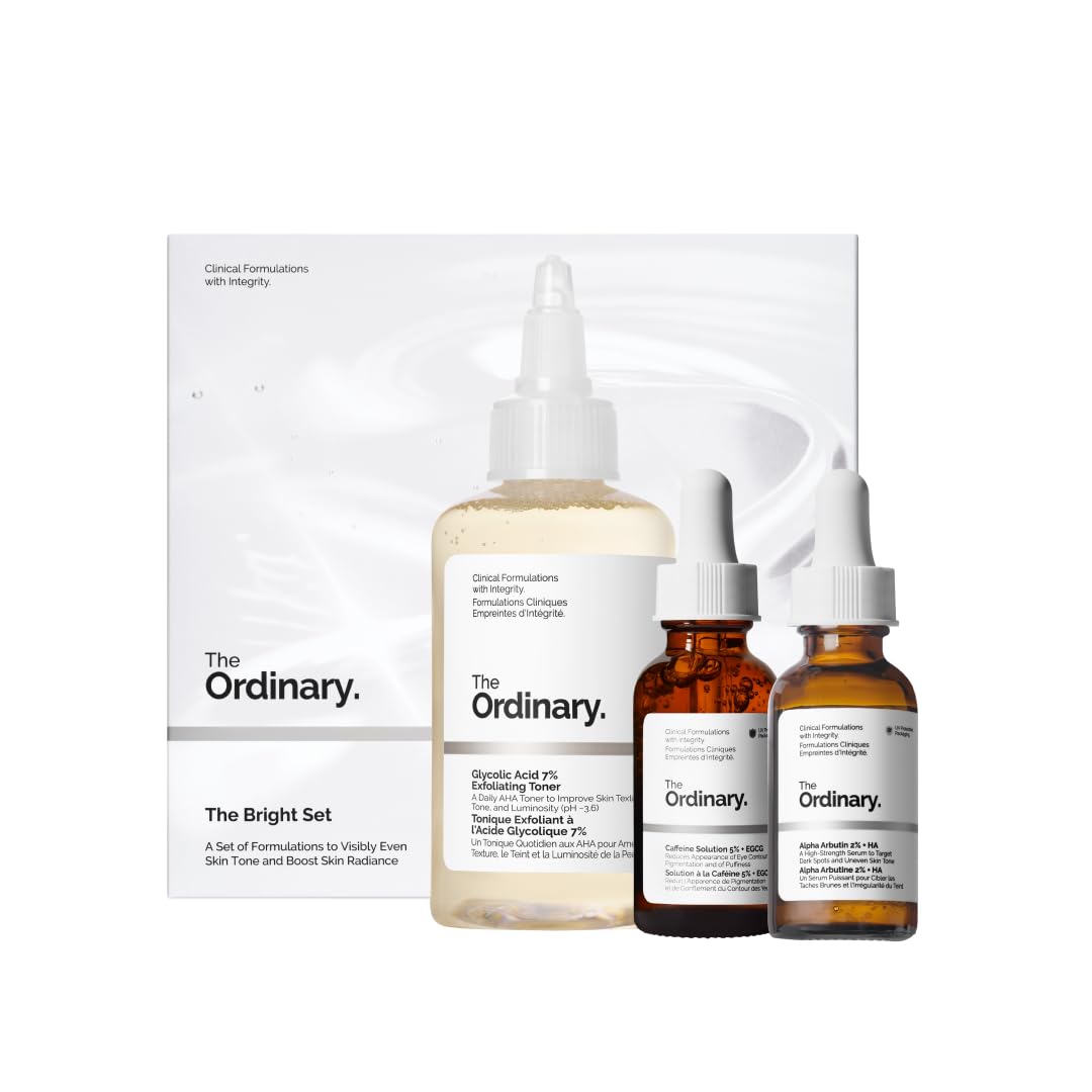 The Ordinary The Bright Set, 3-Step Regimen for Radiant, Even Skin Tone with Glycolic Acid 7% Exfoliating Toner, Alpha Arbutin 2% + HA, and Caffeine Solution 5% + EGCG Eye Serum | Skin Care Set - Available at All In One Marketplace Canada