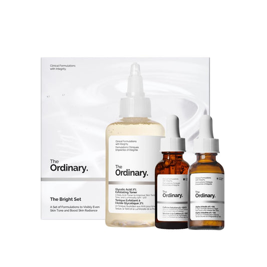 The Ordinary The Bright Set, 3-Step Regimen for Radiant, Even Skin Tone with Glycolic Acid 7% Exfoliating Toner, Alpha Arbutin 2% + HA, and Caffeine Solution 5% + EGCG Eye Serum | Skin Care Set - Available at All In One Marketplace Canada