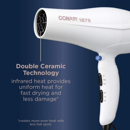 Conair Double Ceramic 1875W Hair Dryer, 3 Heat/ 2 Speed Blow Dryer, Powerful and Fast Drying, Includes Concentrator, Cool Shot Button, Removable Filter, White, Travel hair dryer Conair