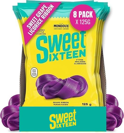 Sweet Sixteen Grape Licorice Ribbon Candy - Purple Chewy Rolls - Nut-Free - 8 Pack Bundle (125g Each)