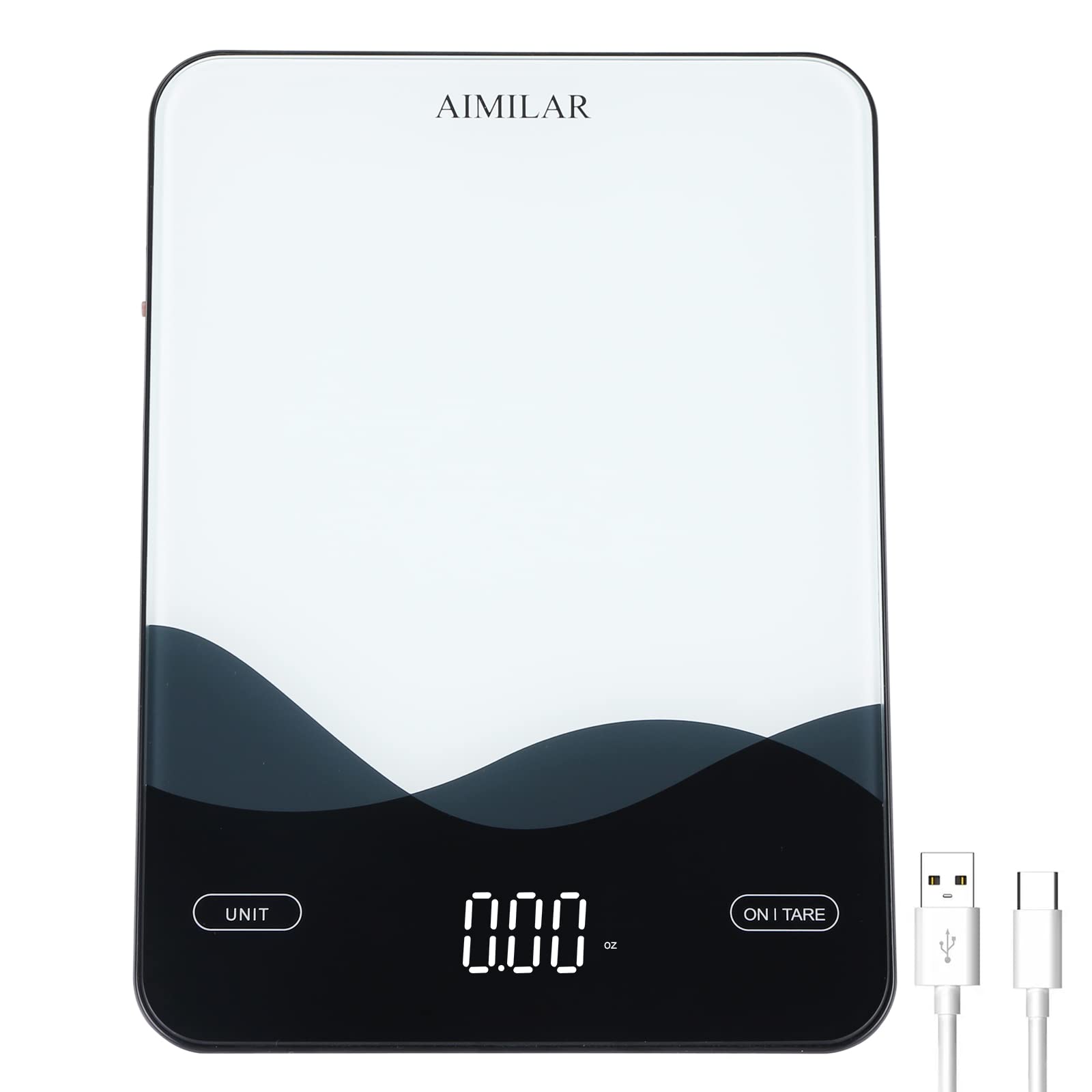 AIMILAR Digital Kitchen Scale 22lb/10kg USB-C Rechargeable, Tempered Glass Top Easy Clean, LED Touch Screen No Buttons, Auto Shut Off - Available at All In One Marketplace Canada