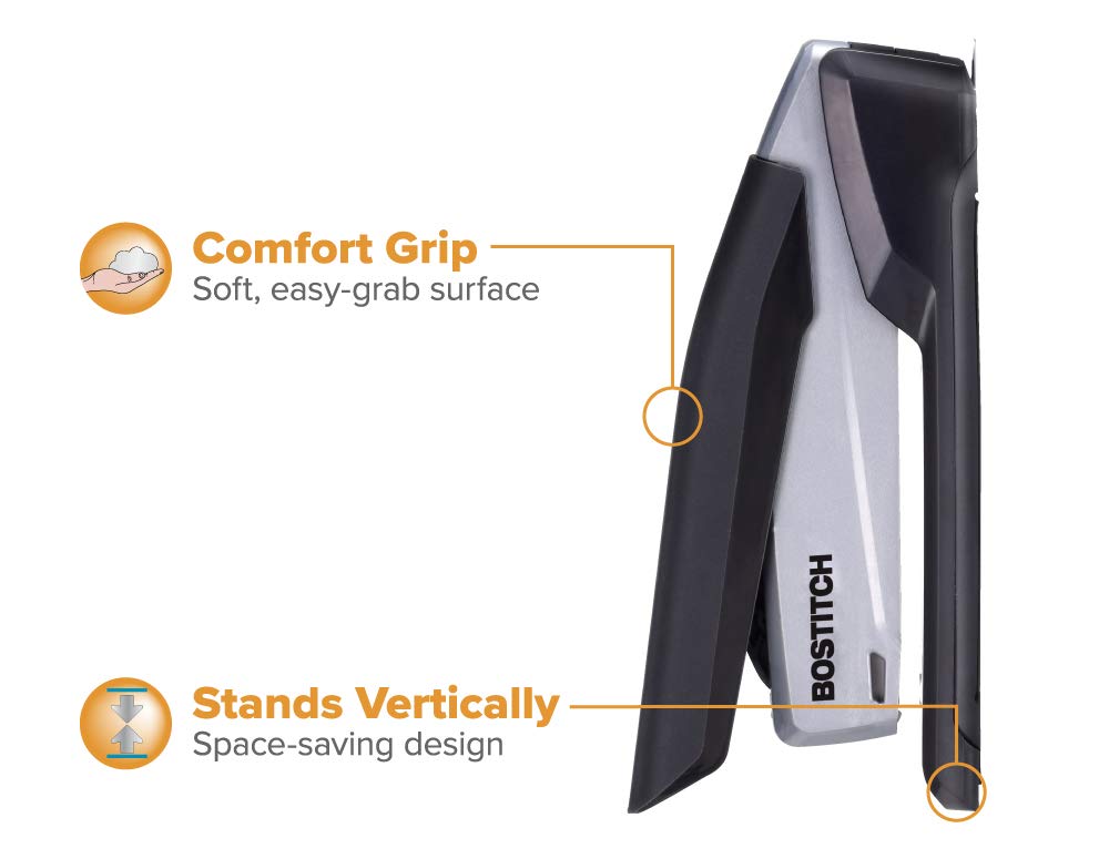 Bostitch Office Executive 3 in 1 Stapler, Includes 210 Staples and Integrated Staple Remover, One Finger Stapling, No Effort, 20 Sheet Capacity, Spring Powered Stapler, Black/Gray (INP20) Bostitch