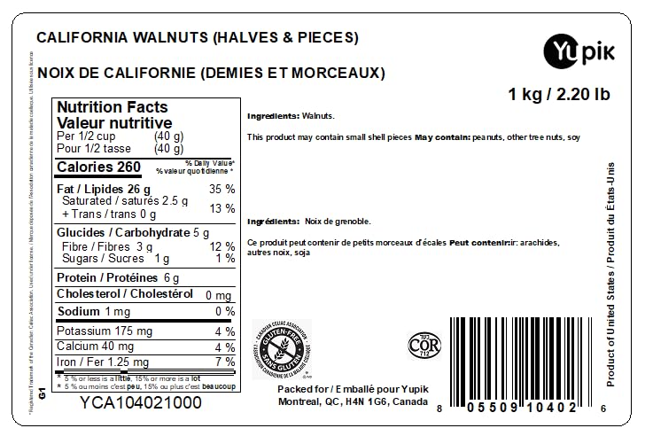 Yupik Raw Walnut Halves & Pieces - 1 kg Bulk Pack | Kosher, Gluten-Free, Vegan