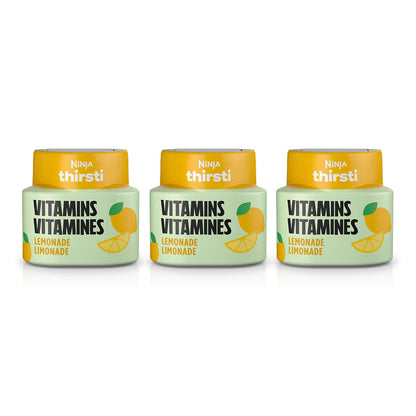 Ninja Thirsti VITAMINS Lemonade Flavoured Water Drops with Vitamins B3, B6, B12 and 0 calories*, 0 sugar* (*per 12oz classic serving) . Turn water into refreshing fruit-flavoured sparkling or still drinks with Ninja Thirsti Vitamins Flavoured Water Drops, Ninja