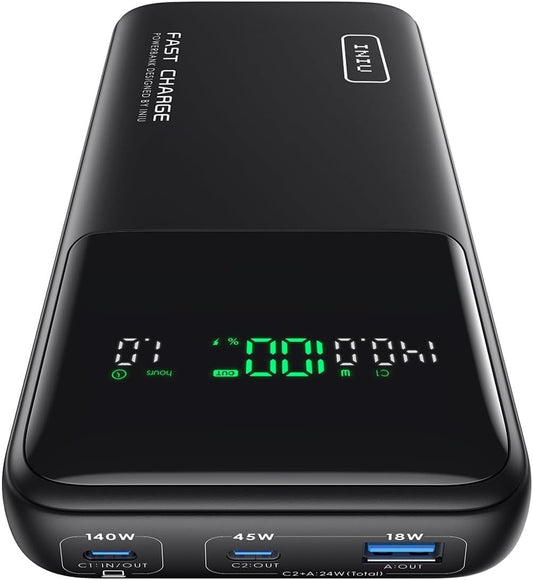 INIU 140W Laptop Power Bank, Flight-Safe 27000mAh High Capacity Portable Charger with USB C Cable, Digital Display Phone Charger, 3 Ports Travel External Battery Pack for MacBook iPad Steam Deck etc