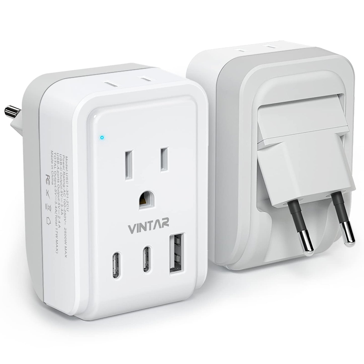 1 Pack European Travel Plug Adapter, VINTAR Foldable International Power Plug with 2 AC Outlets 3 USB Ports(2 USB C), Type C Travel Essentials Charger for Canada to Most of Europe Italy Spain France - Available at All In One Marketplace Canada