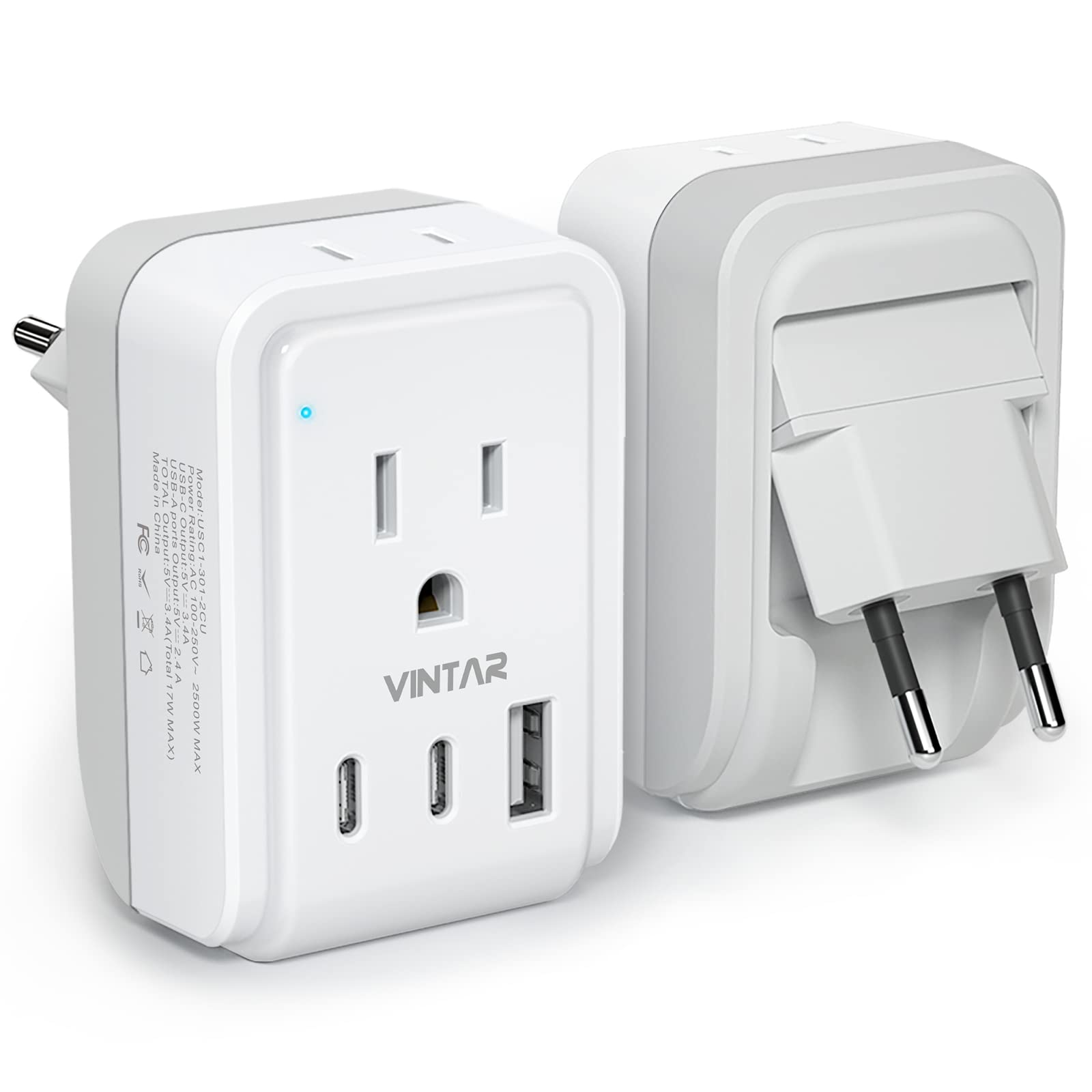 1 Pack European Travel Plug Adapter, VINTAR Foldable International Power Plug with 2 AC Outlets 3 USB Ports(2 USB C), Type C Travel Essentials Charger for Canada to Most of Europe Italy Spain France - Available at All In One Marketplace Canada