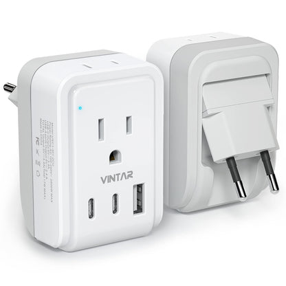 1 Pack European Travel Plug Adapter, VINTAR Foldable International Power Plug with 2 AC Outlets 3 USB Ports(2 USB C), Type C Travel Essentials Charger for Canada to Most of Europe Italy Spain France - Available at All In One Marketplace Canada