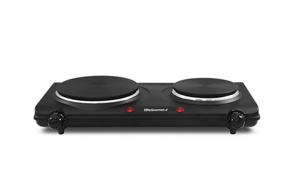 Elite Gourmet EDB-302BF Countertop Double Cast Iron Burner, 1500 Watts Electric Hot Plate, Temperature Controls, Power Indicator Lights, Easy to Clean, Black - Available at All In One Marketplace Canada