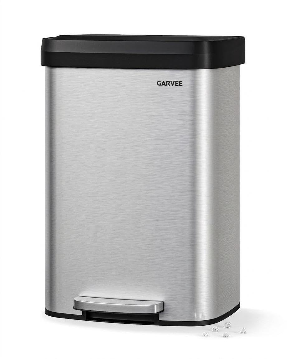 Garvee 13 gal / 50 L Stainless Steel Trash Can with Lid, Large Garbage Can for Kitchen, Rustproof Step-on Kitchen Metal Trash Bin with Liner Rim, Rear Handle, Soft Close Plastic Lid, Silver Garvee